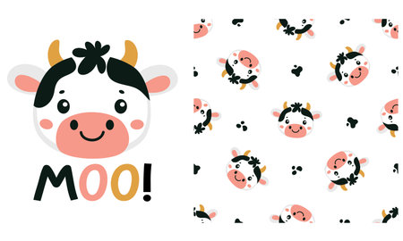 A set of prints for printing on childrens products. Cute cow face and Moo. Seamless vector pattern with cute cow and black spots. Vector illustrationのイラスト素材