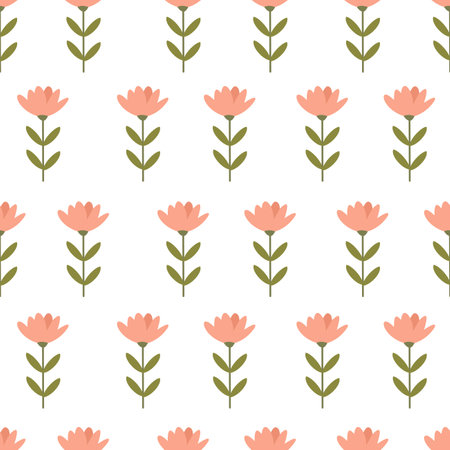 Seamless vector pattern in minimalistic style. Cute pink flowers in naive art. . Vector illustrationのイラスト素材