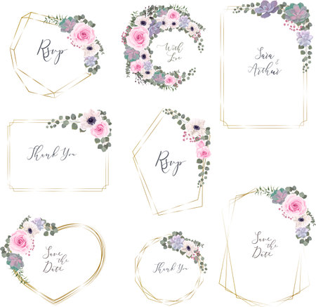 Vector floral set for wedding design. Gold frames, Pink roses, anemones, succulent, gypsophila, eucalyptus, miscellaneous plants and leaves. . Vector illustrationのイラスト素材