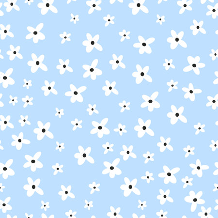 Seamless vector pattern in minimalistic style. Cute daisies on blue background . Vector illustrationのイラスト素材
