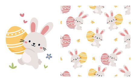 Vector set for easter holiday. Cute bunny running with easter egg, printable print. Seamless vector pattern on white background with bunnies and eggs . Vector illustrationのイラスト素材