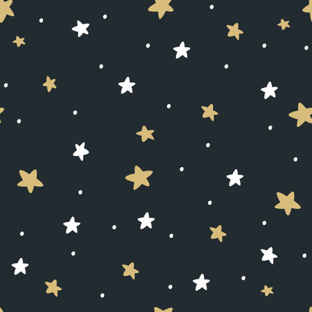 Seamless vector pattern. Nice white and yellow stars on dark background, night sky . Vector illustrationのイラスト素材
