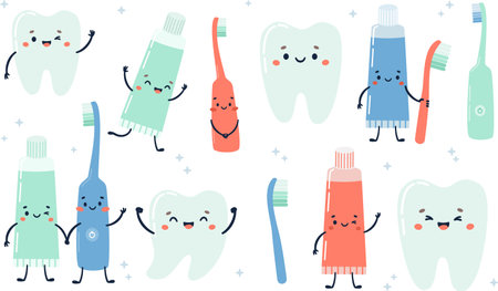 Set of flat vector illustrations. Happy healthy teeth, earth brushes, electric toothbrush, toothpaste. Oral hygiene items holding hands . Vector illustrationのイラスト素材