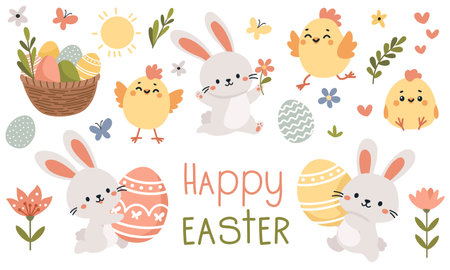 Set of flat vector illustrations for Easter day. Cute Easter bunnies, chickens, egg basket, Easter eggs, flowers and butterflies. Happy Easter inscription . Vector illustrationのイラスト素材