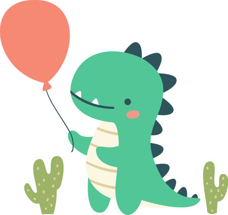 Flat vector illustration in childrens style. Cute dinosaur holding a balloon, cacti. Vector illustrationのイラスト素材