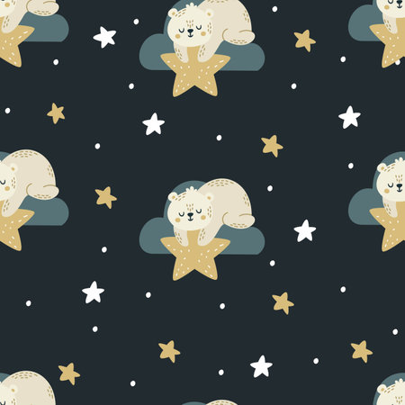 Seamless vector pattern. Cute bear sleeping on a cloud and holding a star. Moon and stars, night sky . Vector illustrationのイラスト素材