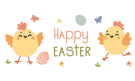 Cute banner on the theme of Easter holiday. Cute chickens and Easter eggs, the inscription Happy Easter. . Vector illustrationのイラスト素材
