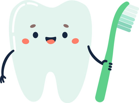 Flat vector illustration. Cute tooth smiling and holding a toothbrush . Vector illustrationのイラスト素材
