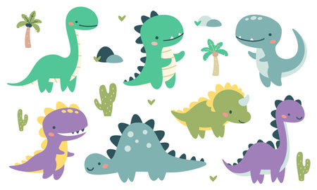 Set of flat vector illustrations in childrens style. Cute kind dinosaurs, palm trees and cacti. . Vector illustrationのイラスト素材