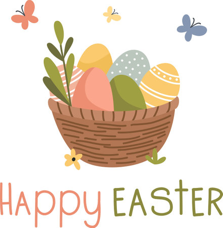 Illustration for Easter Day. Basket with cute Easter eggs, sprigs of plants and butterflies. Happy Easter inscription . Vector illustrationのイラスト素材