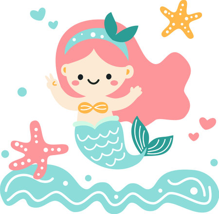 Childrens vector illustration. Cute mermaid showing welcome sign. Waves and starfish . Vector illustrationのイラスト素材