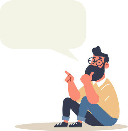 Flat vector illustration. A man is sitting in a pensive pose and says something. Speech bubble for your text . Vector illustrationのイラスト素材