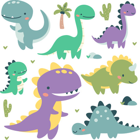 Set of flat vector illustrations in childrens style. Cute kind dinosaurs, palm trees and cacti. . Vector illustrationのイラスト素材
