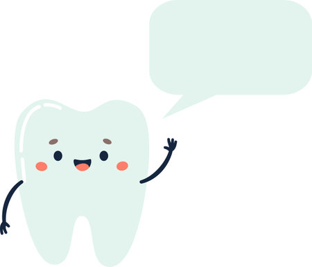 Flat vector illustration. Cute tooth with a face smiling and saying something. Speech bubble for your text . Vector illustrationのイラスト素材