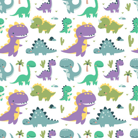 Seamless vector pattern. Cute dinosaurs in bright colors. Illustrations in a simple childrens style. White background . Vector illustrationのイラスト素材