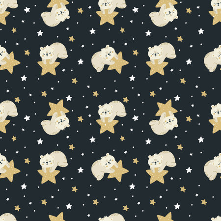 Seamless vector pattern. Cute bear sleeping and holding a star. Moon and stars, night sky . Vector illustrationのイラスト素材