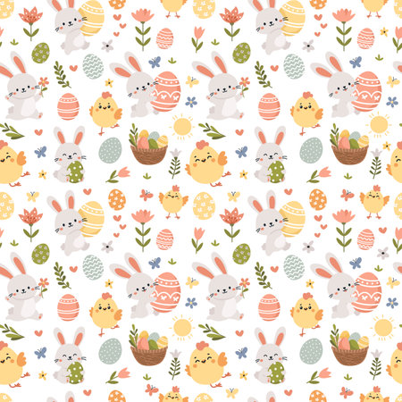Seamless vector pattern for the holiday of bright Easter. Cute Easter bunnies, chickens, eggs, flowers and butterflies. Vector illustrationのイラスト素材