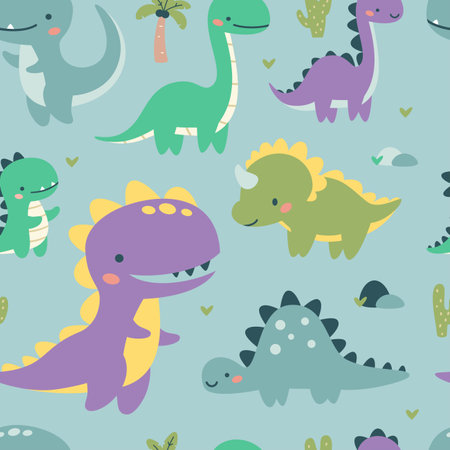 Seamless vector pattern. Cute dinosaurs in bright colors. Illustrations in a simple childrens style. Blue background . Vector illustrationのイラスト素材