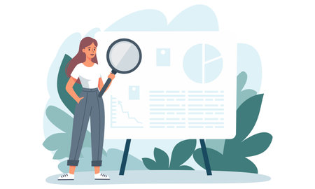 Flat vector illustration. Cute girl standing in front of a big banner and holding a big magnifying glass. Searching for information on presentation . Vector illustrationのイラスト素材