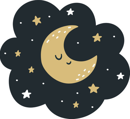 Flat vector illustration in Scandinavian childrens style. Moon with smiling face and stars in the night sky . Vector illustrationのイラスト素材