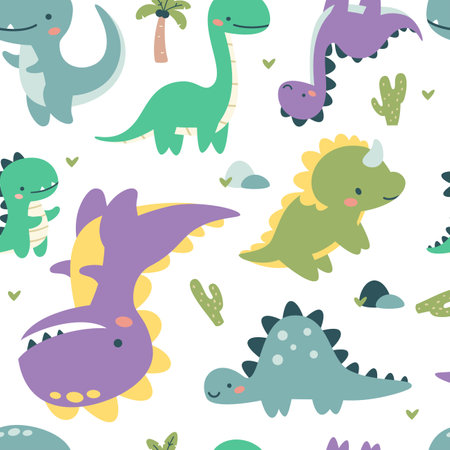 Seamless vector pattern. Cute dinosaurs in bright colors. Illustrations in a simple childrens style. White background . Vector illustrationのイラスト素材