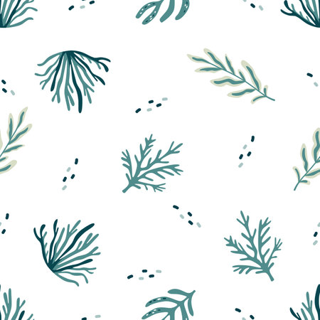 Seamless vector pattern with nautical theme on white background. Seaweed and corals . Vector illustrationのイラスト素材