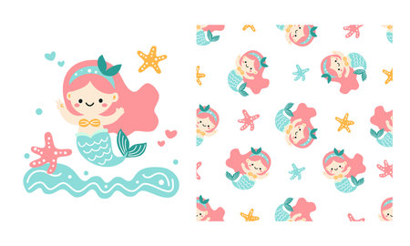 Set of vector materials for printing on childrens products. Cute mermaid and starfish. Print and seamless vector pattern . Vector illustrationのイラスト素材