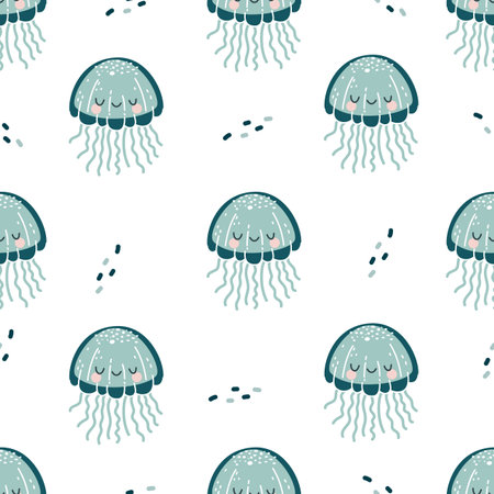 Seamless vector pattern. Cute jellyfish with a smiling face. Cute pattern for childrens products on...