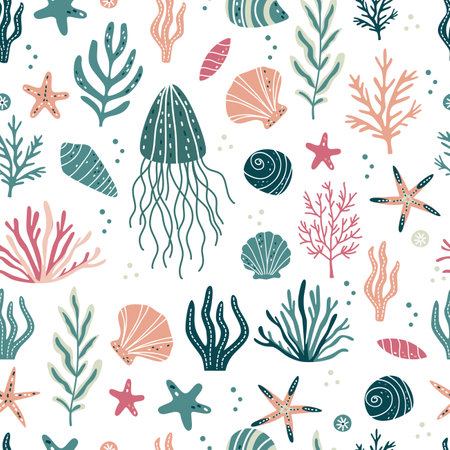 Seamless vector pattern. Cute sea plants starfish seashells jellyfish. Vector illustrationのイラスト素材