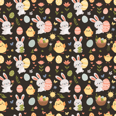 Seamless vector pattern for the holiday of bright Easter. Cute Easter bunnies, chickens, eggs, flowers and butterflies. Vector illustrationのイラスト素材