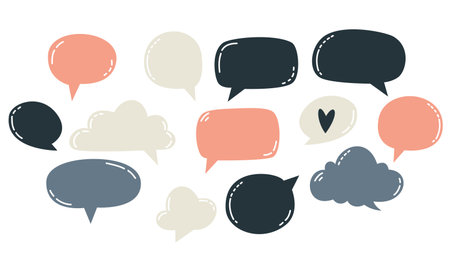 Set of flat vector illustrations. Speech bubbles of different colors on white background . Vector illustrationのイラスト素材