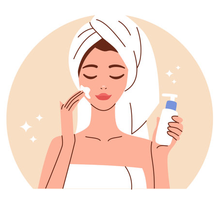 Flat vector illustration. Nice woman after shower, in towel, can cream on face. Concept of self-care and self-love . Vector illustrationのイラスト素材