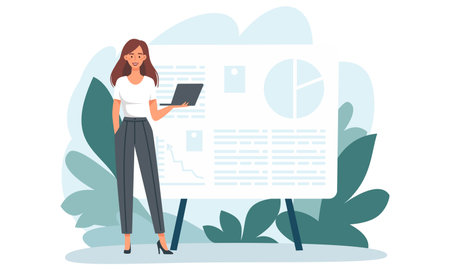 Flat vector illustration. Woman standing next to a large banner and holding a laptop, online presentation. Presentation and banner for a web site. . Vector illustrationのイラスト素材