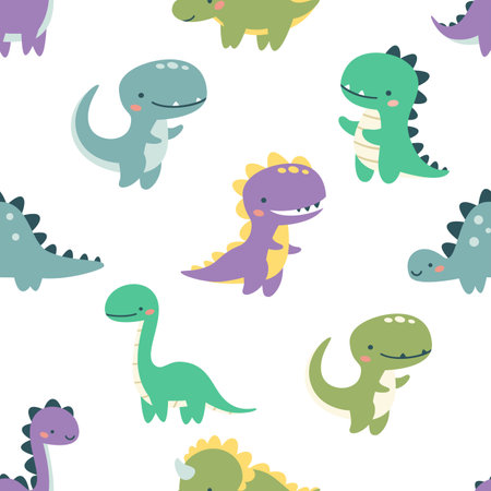 Seamless vector pattern. Cute dinosaurs in bright colors. Illustrations in a simple childrens style. White background . Vector illustrationのイラスト素材