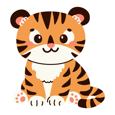 Flat vector illustration in childrens style. Cute tiger cub sitting on white background . Vector illustrationのイラスト素材
