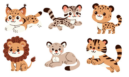 Set of flat vector illustrations in childrens style. Cute wild cats lion, tiger, leopard, puma, ocelot, lynx. . Vector illustrationのイラスト素材