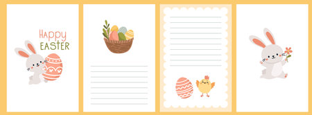 A set of postcard templates for Easter Day. Cute bunnies with Easter eggs, cordite with eggs and chicken, happy Easter inscription. Place for your text . Vector illustrationのイラスト素材