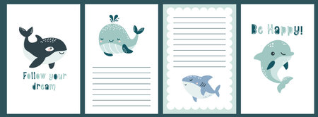 Template for baby showers. Cute sea fish, dolphin, whale, orca and shark. Caption Follow your dreams and be happy. Vector illustrationのイラスト素材