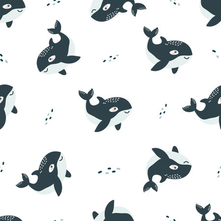 Seamless vector pattern. Cute orca on white background. Pattern for printing on childrens products. Vector illustrationのイラスト素材