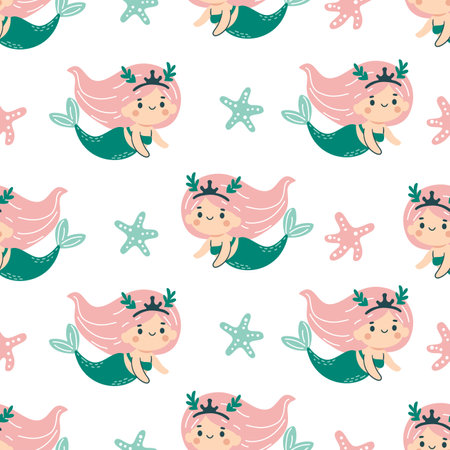 Seamless vector pattern in childrens style. Cute mermaid and starfish on white background . Vector illustrationのイラスト素材