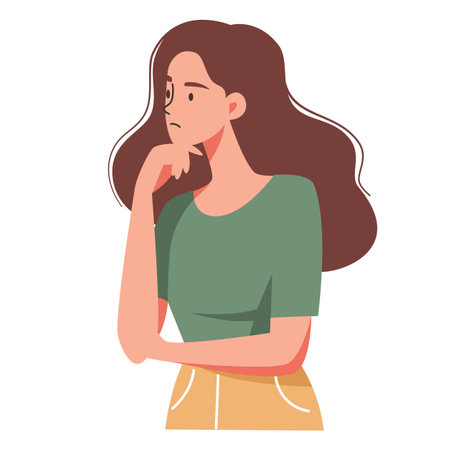 Flat vector illustration. Woman stands in a pensive pose and thinks over the question. Vector illustrationのイラスト素材