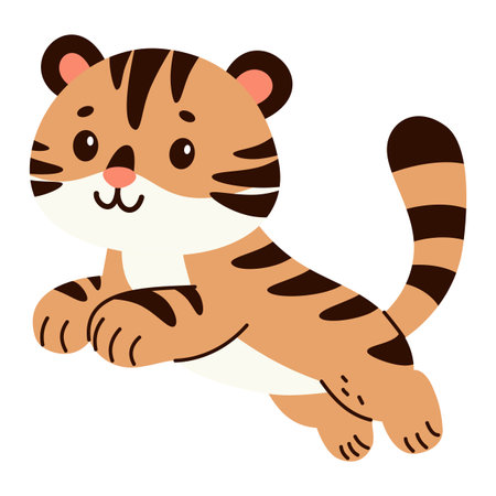 Vector illustration in childrens style. Cute tiger cub jumps and runs . Vector illustrationのイラスト素材