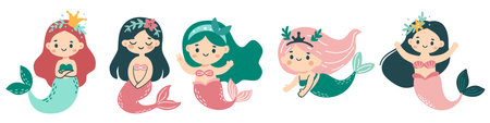 Cute vector set in childrens style. Cute mermaids in different poses. Vector illustrationのイラスト素材