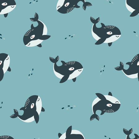 Seamless vector pattern. Cute orca on white background. Pattern for printing on childrens products. Vector illustrationのイラスト素材