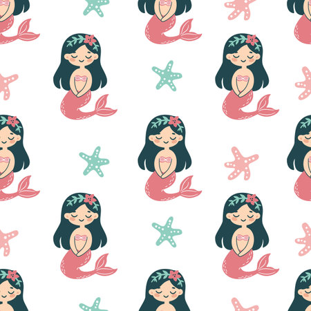 Seamless vector pattern in childrens style. Cute mermaid and starfish on white background . Vector illustrationのイラスト素材