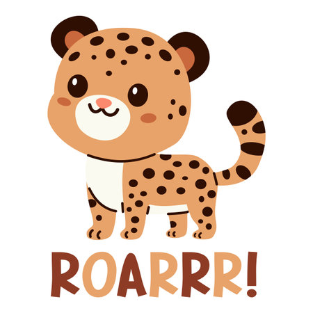 Vector illustration in childrens style. Cute cheetah on white background. ROAR inscription . Vector illustrationのイラスト素材