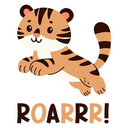 Vector illustration in childrens style. Cute tiger on white background. ROAR inscription . Vector illustrationのイラスト素材