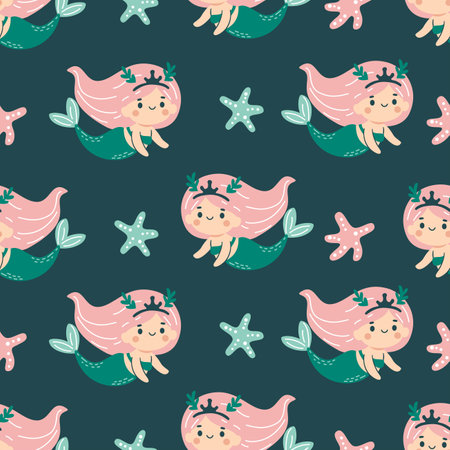 Seamless vector pattern in childrens style. Cute mermaid and starfish on dark background . Vector illustrationのイラスト素材