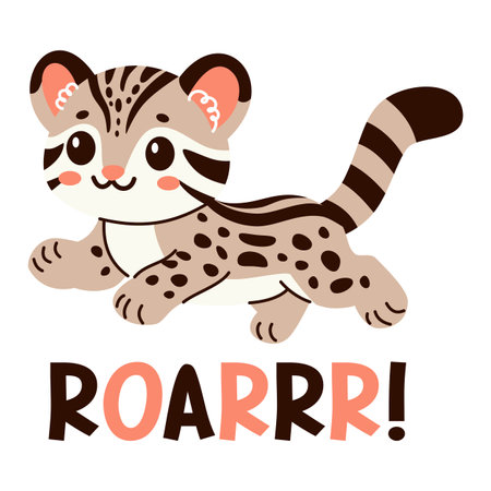 Vector illustration in childrens style. Cute wild ocelot on white background . Vector illustrationのイラスト素材