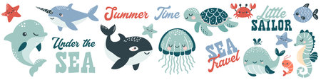 Vector illustration collection in childrens Scandinavian style. Orca dolphin dolphin crab jellyfish octopus fish turtle shark seahorse shrimp swordfish. Vector illustrationのイラスト素材